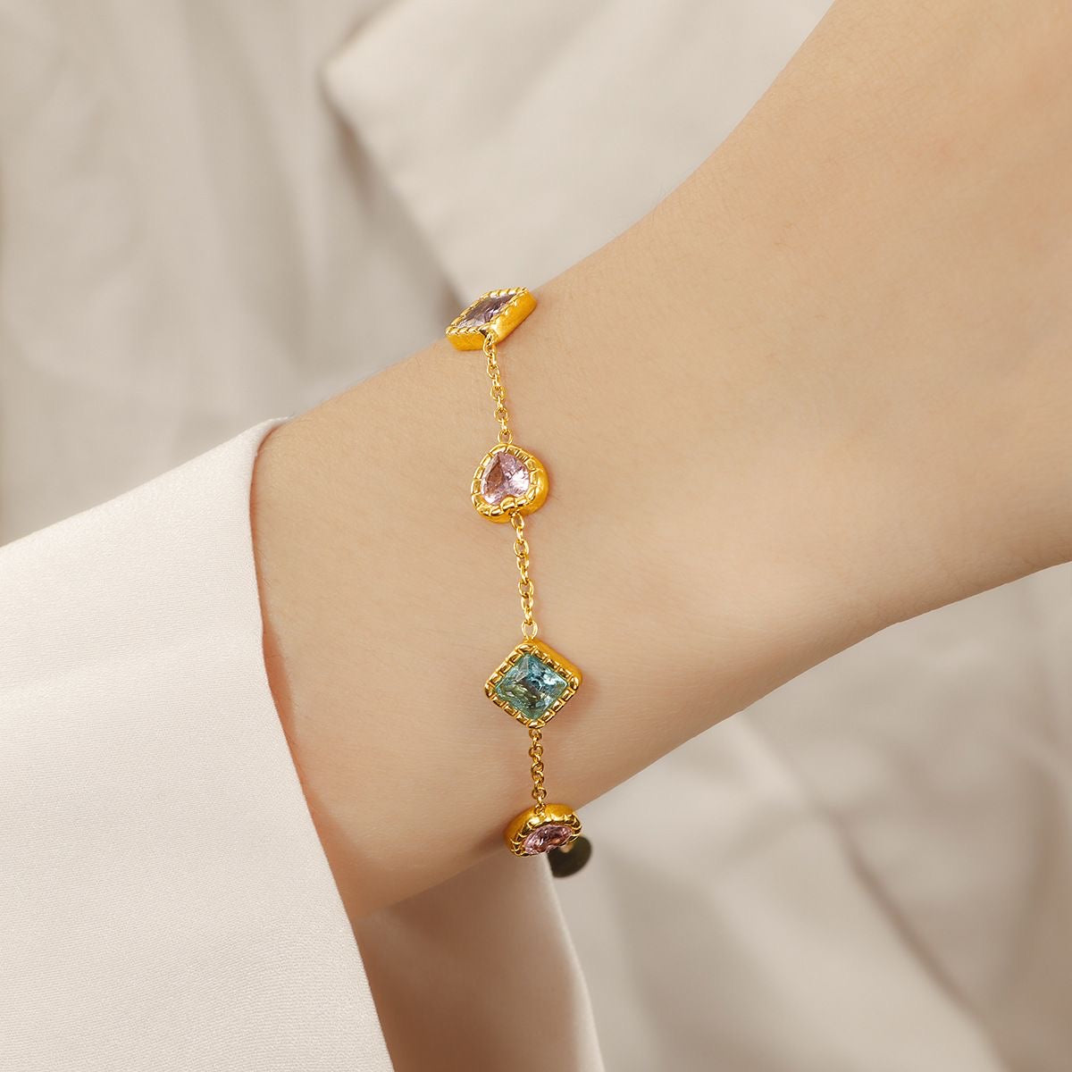 Heart & Square Multicolor Zircon Bracelet, Stainless Steel Bracelet for Women