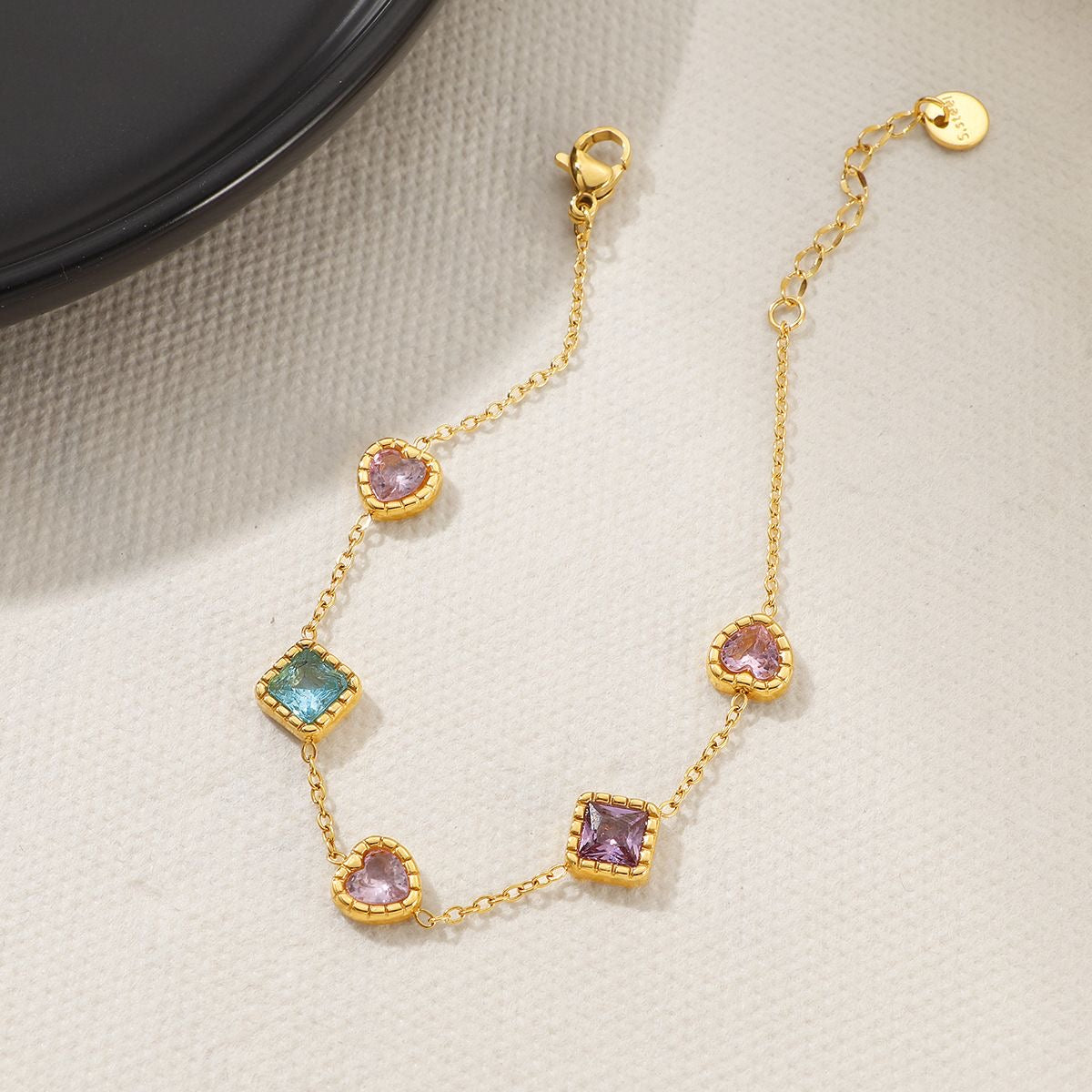 Heart & Square Multicolor Zircon Bracelet, Stainless Steel Bracelet for Women