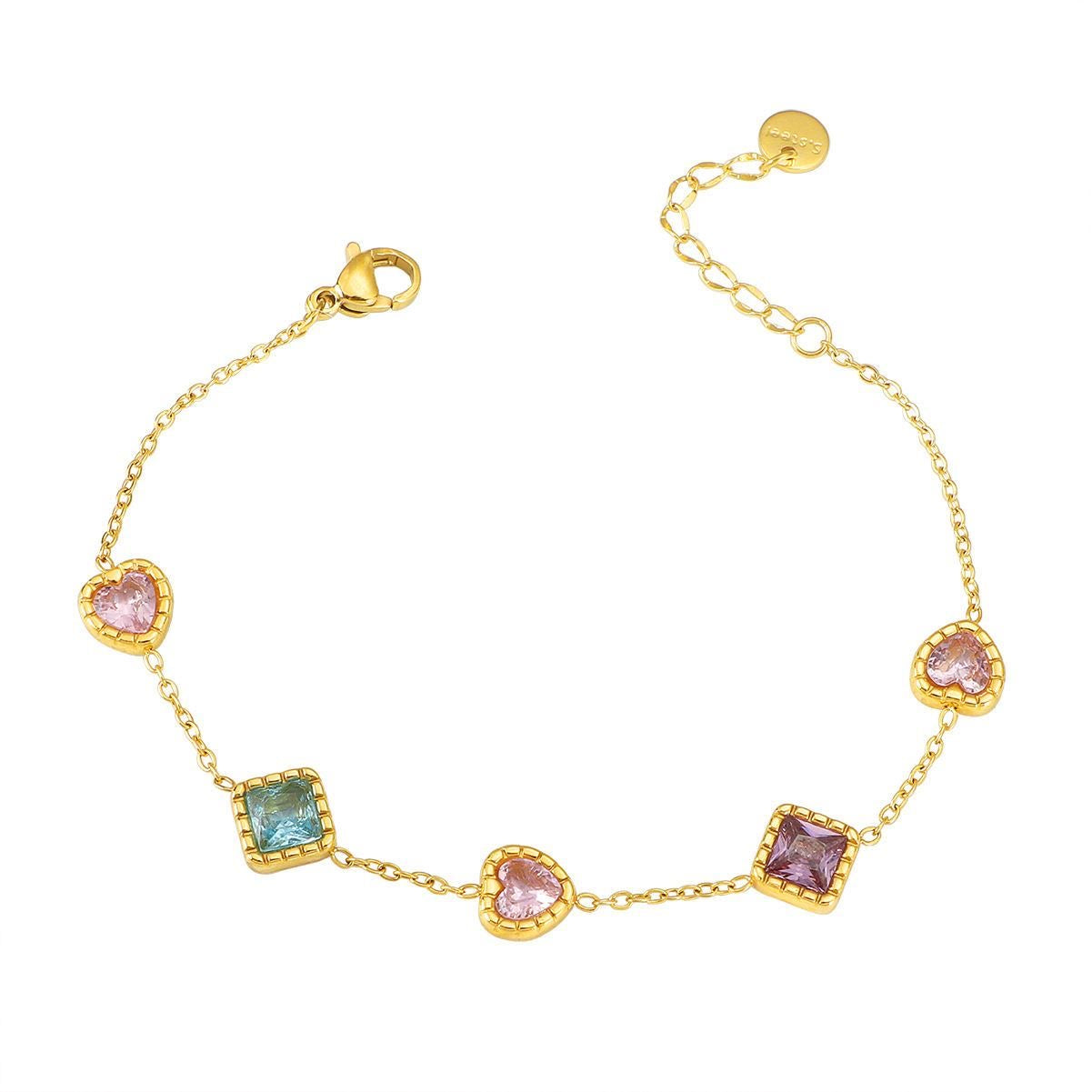 Heart & Square Multicolor Zircon Bracelet, Stainless Steel Bracelet for Women